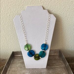 Chunky Blue and Green Handblown Glass Bead Silver Chain Necklace